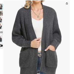 Woman's Gray Long Sleeve Cable Knit Cardigan Oversized with Pockets